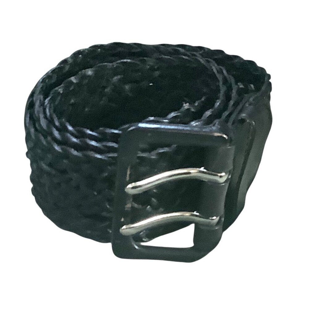 Vtg Liz Claiborne Black Braided Leather Belt Double Prong Buckle Up‎ to 32"